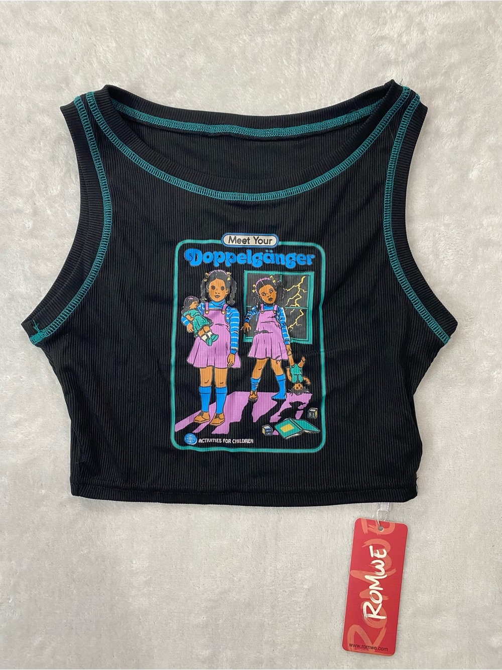 ROMWE Black Crop Tank with Teal Stitching and Colorful Graphic - (XS) NWT